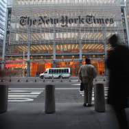 A building with The New York Times’ logo.