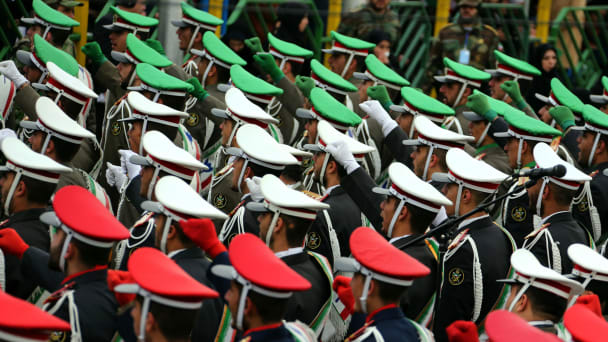 Iranian guards march during celebrations in Tehran's Azadi Square (Freedom Square) to mark the 37th anniversary of the Islamic revolution on February 11, 2016.