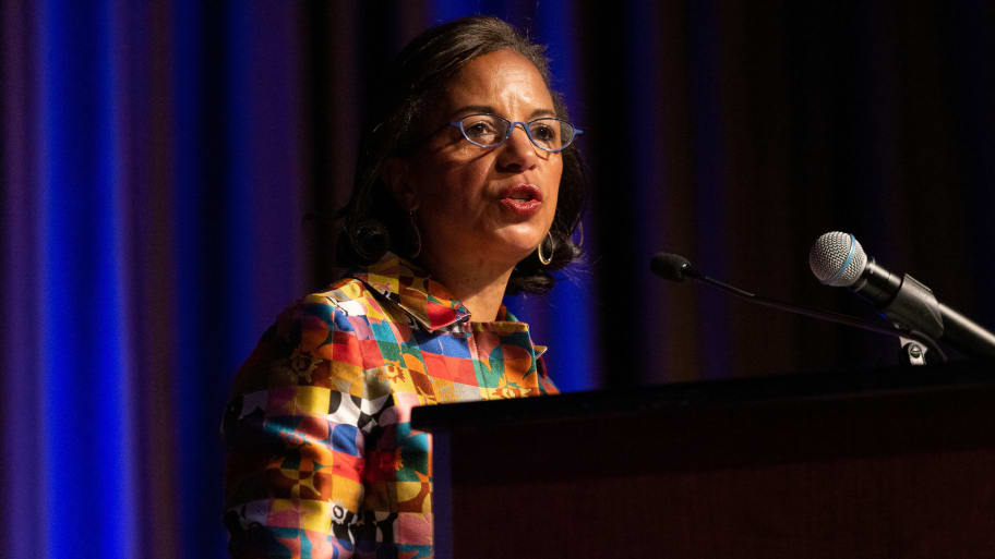 Domestic policy adviser Susan Rice speaks during the National Action Network National Convention in New York, April 12, 2023. 
