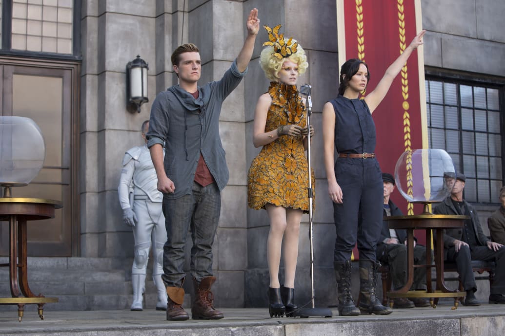 Josh Hutcherson, Elizabeth Banks, and Jennifer Lawrence in The Hunger Games: Catching Fire.