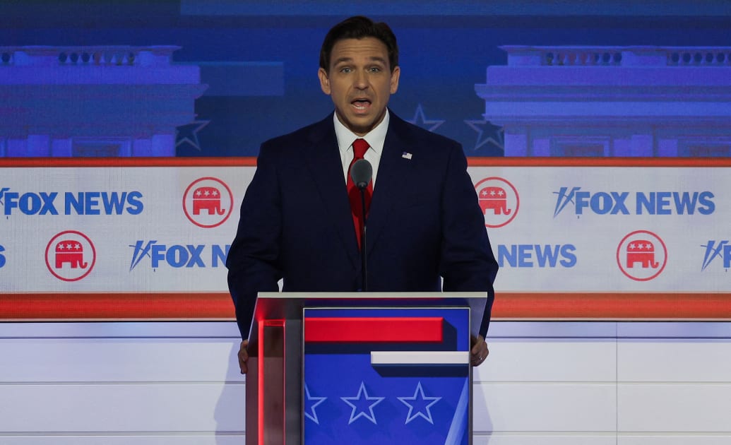 Republican presidential candidate and Florida Governor Ron DeSantis speaks at the first Republican candidates' debate of the 2024 U.S. presidential campaign in Milwaukee, Wisconsin