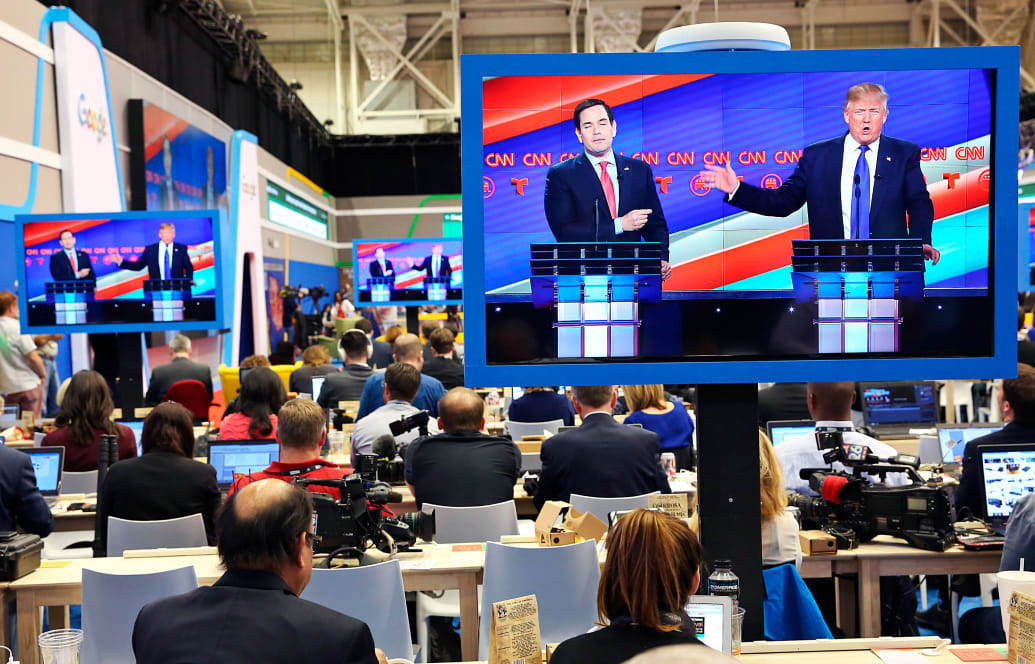 A photograph of the CNN filing room during the Republican Presidential Debate in 2016.