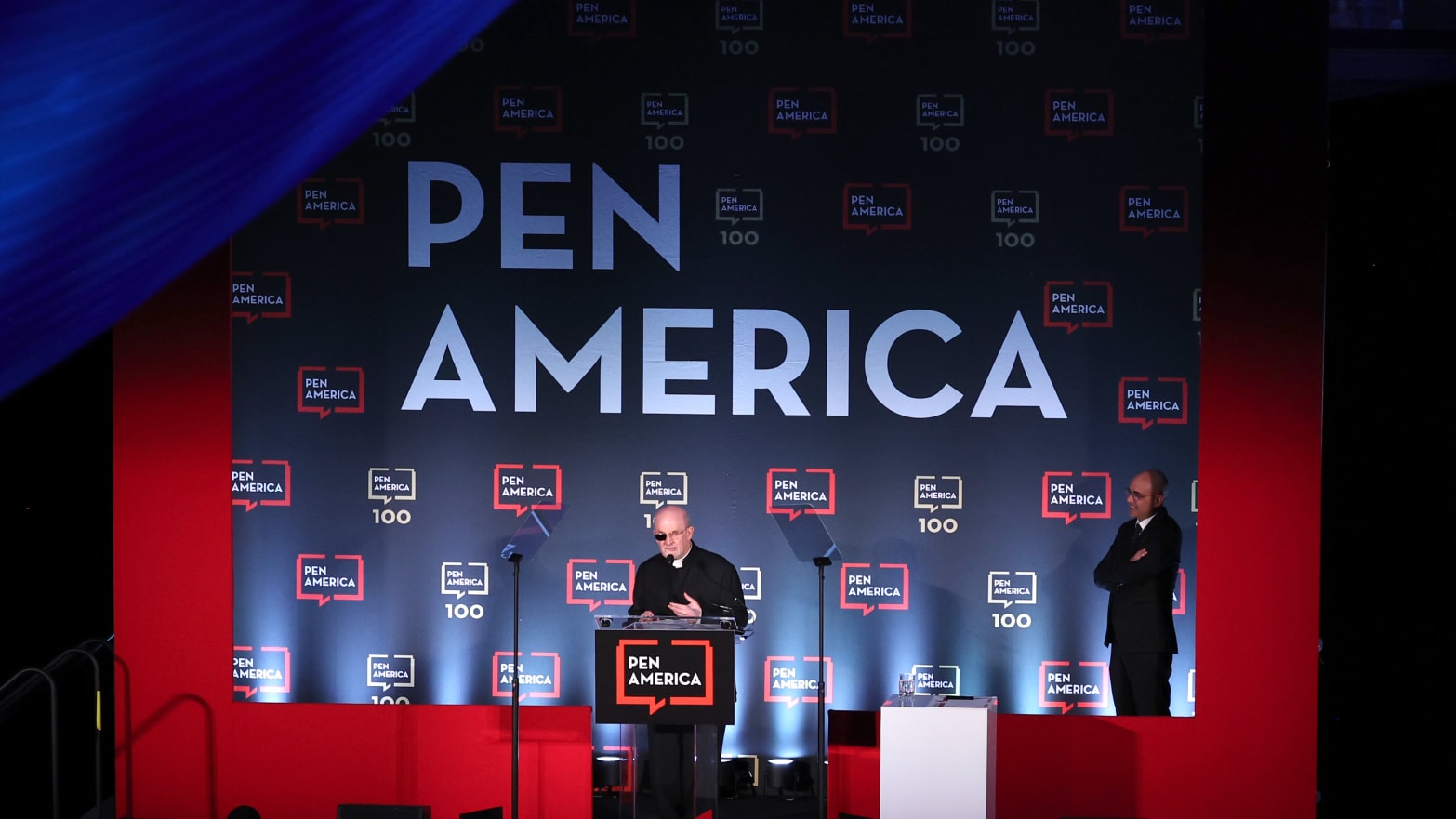 Honoree Salman Rushdie speaks on stage at the 2023 PEN America Literary Gala. 