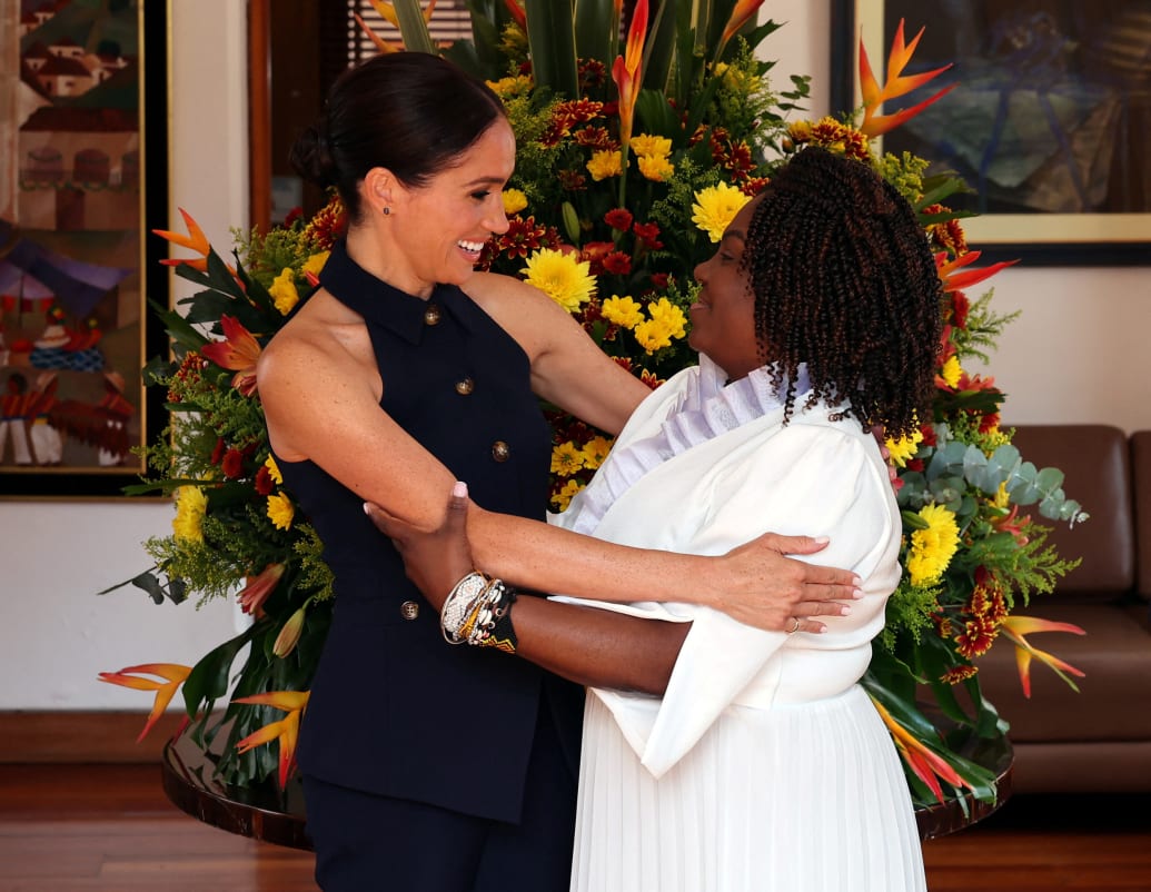 Meghan Markle, left, and Colombia's Vice President Francia Marquez hug, in Bogota, Colombia August 15, 2024.