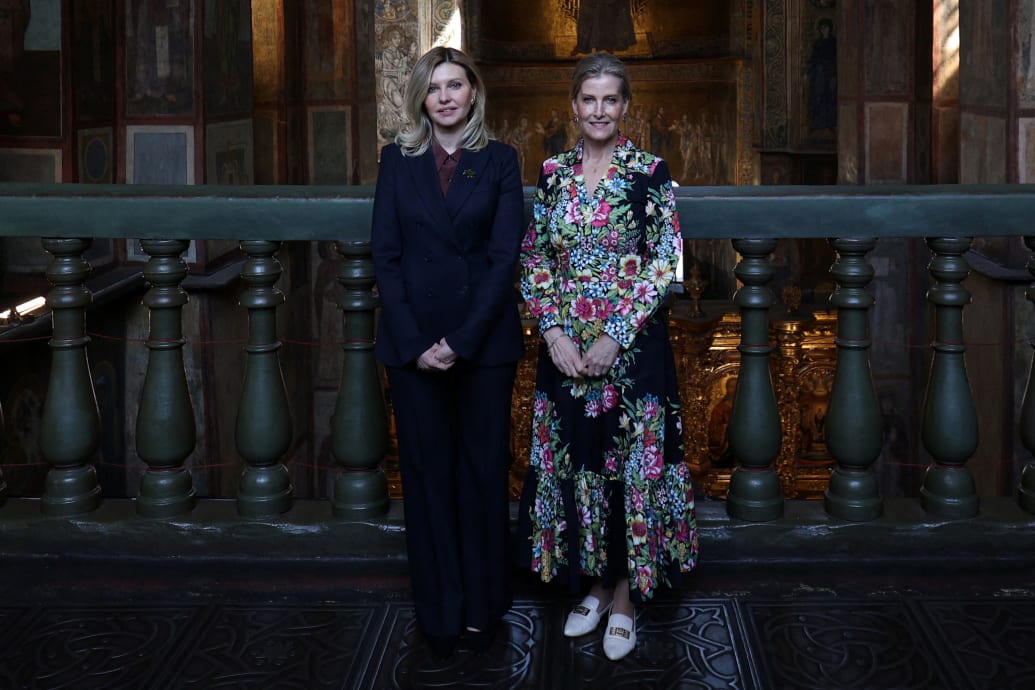 Sophie, Duchess of Edinburgh and the First Lady of Ukraine Olena Zelenska pose, as they visit the Saint Sophia Cathedral, amid Russia's attack on Ukraine, in Kyiv, Ukraine April 29, 2024.