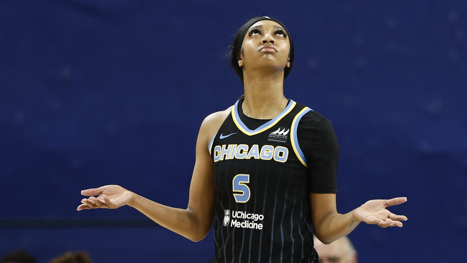 Chicago Sky forward Angel Reese reacts after being ejected from her team’s WNBA game.