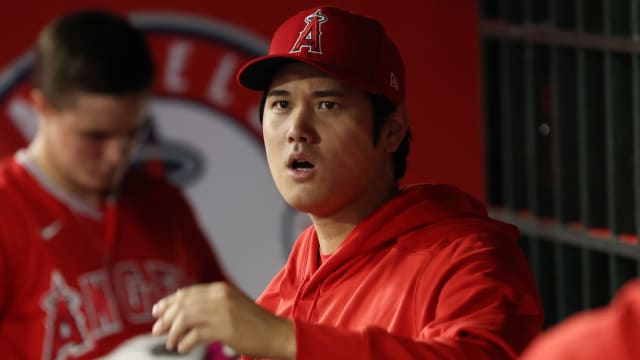 Los Angeles Angels two-way player Shohei Ohtani (17) in the dugout during the game against the Oakland Athletics.