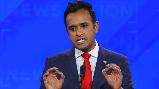 Republican presidential candidate and businessman Vivek Ramaswamy speaks during the fourth Republican candidates' U.S. presidential debate of the 2024 U.S. presidential campaign at the University of Alabama