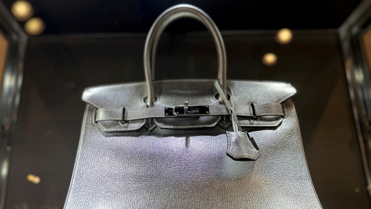 View of a Hermes Silver Metallic Chevre Birkin 30 bag up for auction at Sotheby's in New York City, U.S., June 1, 2023.