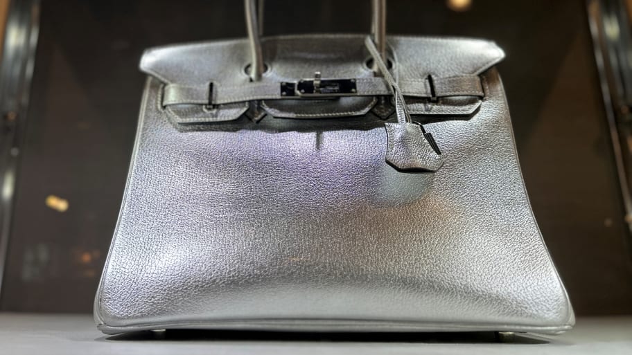View of a Hermes Silver Metallic Chevre Birkin 30 bag up for auction at Sotheby's in New York City.