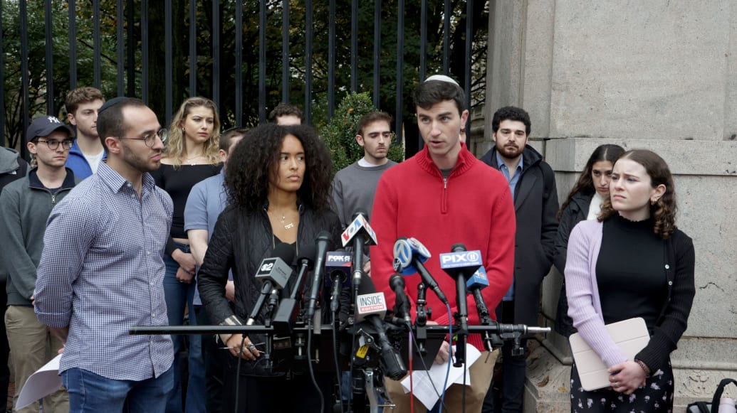 Photograph of Jewish students speaking outside Columbia University in New York City.