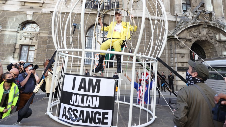 Dame Vivienne Westwood suspend 10 Ft high inside giant bird cage in protest for Julian Assange at Old Bailey on July 21, 2020 in London, England.