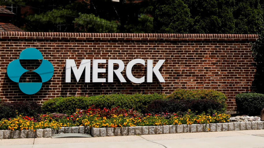The Merck logo is seen at a gate to the Merck & Co campus in Rahway, New Jersey.
