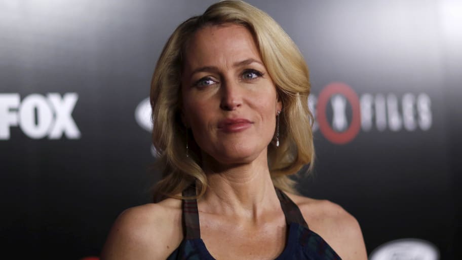 Gillian Anderson poses at a premiere for "The X-Files" at California Science Center in Los Angeles. 