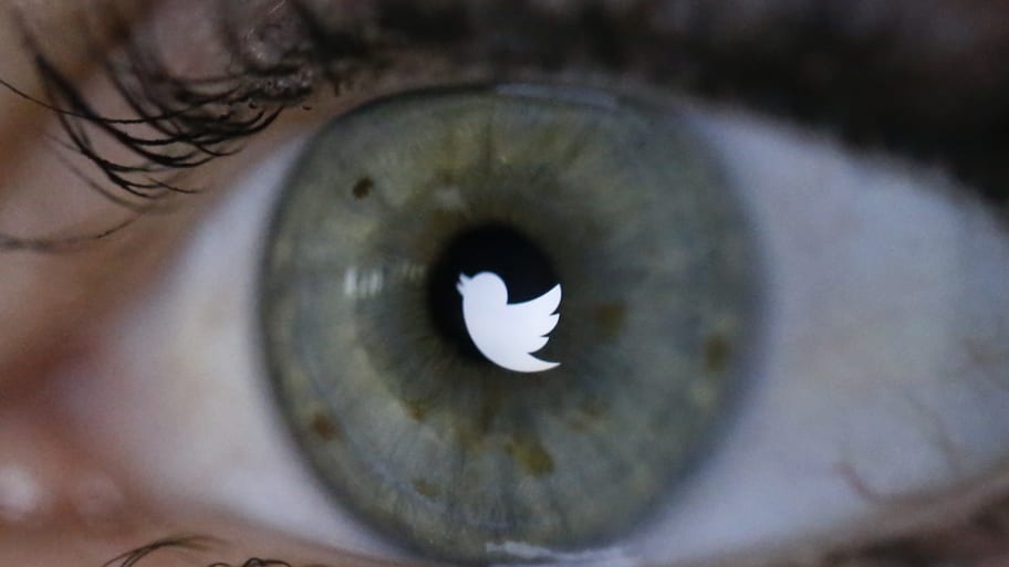 The Twitter logo reflected in the eye of a woman 