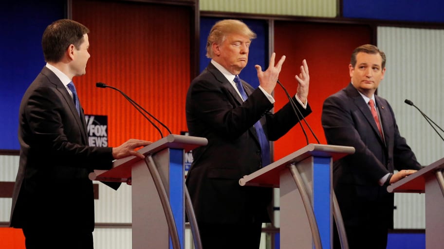Republican U.S. presidential candidate Donald Trump shows off the size of his hands.