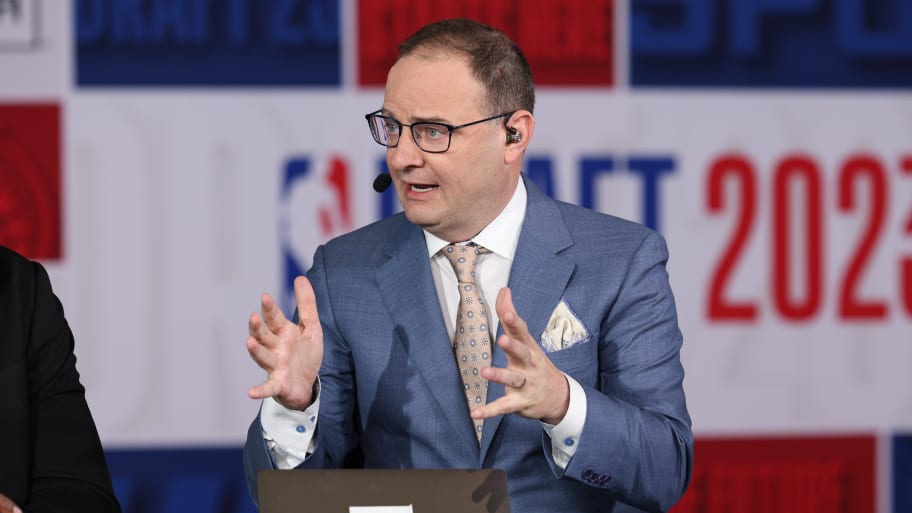 Adrian Wojnarowski talks to the media before the 2023 NBA Draft.