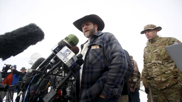 Ammon Bundy addresses the media at the Malheur National Wildlife Refuge near Burns, Oregon.