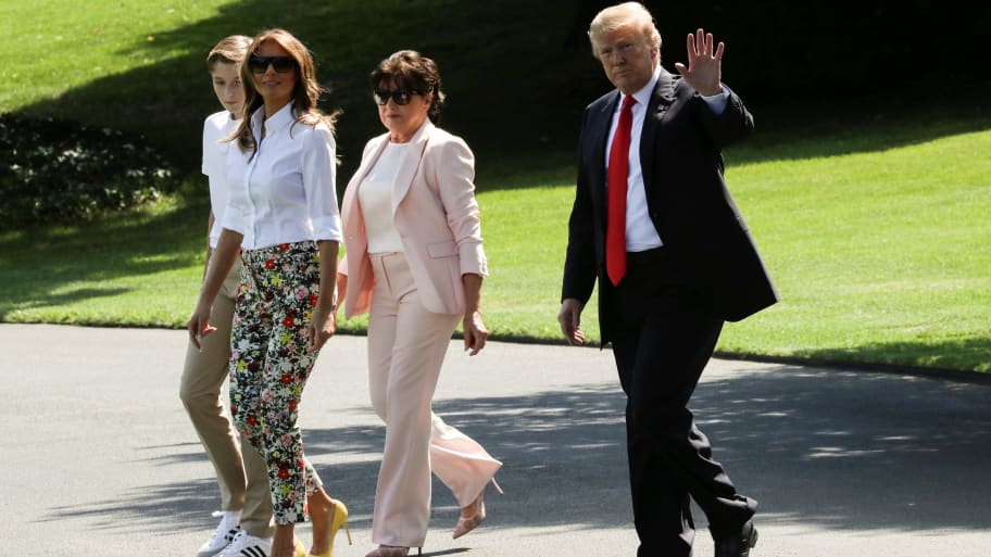 Donald Trump with Melania Trump, their son Barron, and her mother Amalija Knavs—Knavs immigrated to the U.S. using a legal pathway that Trump derided as “chain migration.”