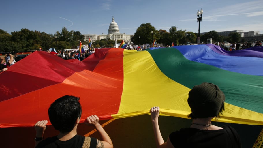 Participants carry a large rainbow flag towards the U.S. Capitol during a gay rights demonstration in Washington October 11, 2009.