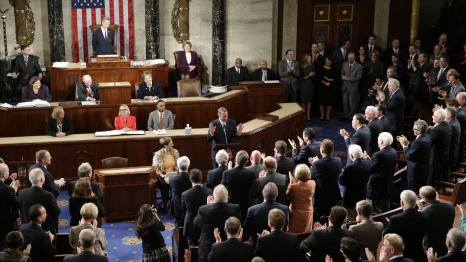 Outgoing House Speaker John Boehner (R-OH) addresses his colleagues prior to the election for the new Speaker.