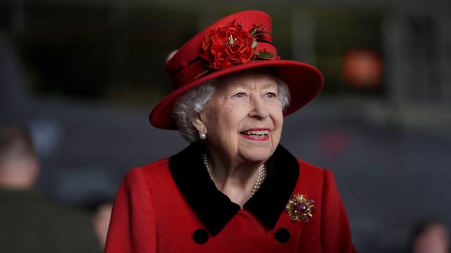 Queen Elizabeth visits HMS Queen Elizabeth ahead of the ship's maiden deployment at HM Naval Base in Portsmouth, Britain May 22, 2021.