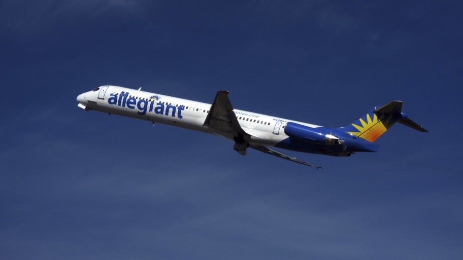 An Allegiant Air McDonnell Douglas MD-83 passenger jet takes off from the Monterey airport in Monterey, California, Feb. 26, 2012. 