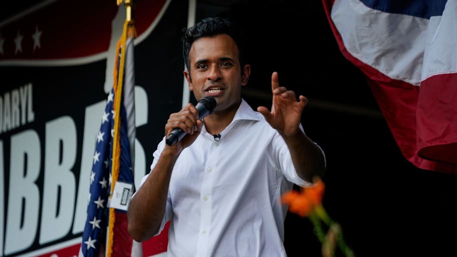 Republican presidential candidate and former biotech executive Vivek Ramaswamy speaks during the annual Labor Day Picnic