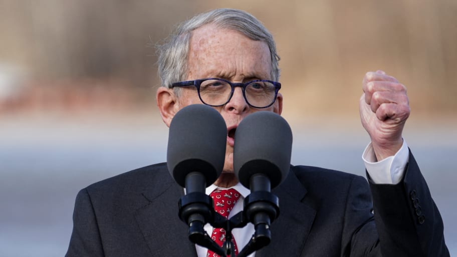 Ohio Governor Mike DeWine speaks during an event to tout the new Brent Spence Bridge over the Ohio River between Covington, Kentucky and Cincinnati, in Covington, Kentucky.