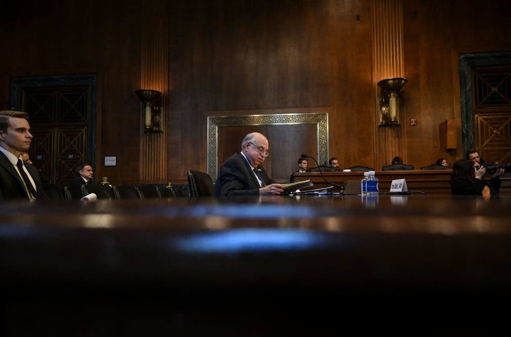 Judge Mark Wolf for listens to opening statements during a Senate Judiciary Subcommittee on Federal Courts