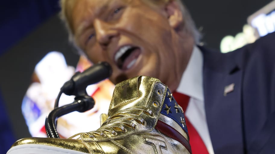 Republican presidential candidate and former President Donald Trump delivers remarks while introducing a new line of signature shoes at Sneaker Con on February 17, 2024 in Philadelphia, Pennsylvania.