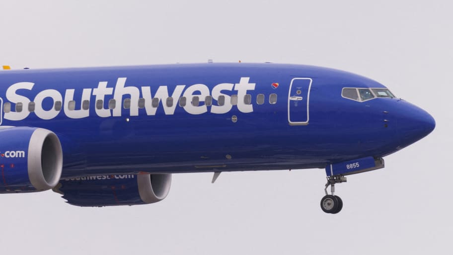 A Southwest Airlines Flight about to land in San Diego, California. 