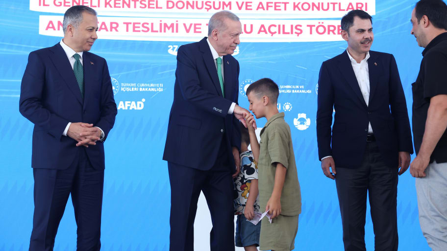 Turkish President Recep Tayyip Erdogan attends the Ceremony for Key Delivery of Post-Disaster Houses and Opening of Various Facilities and Projects in Rize, Turkey, on July 27, 2024.