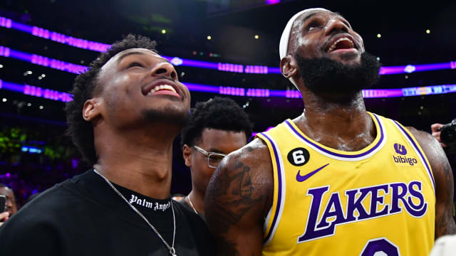 Los Angeles Lakers forward LeBron James pictured with his son Bronny James.