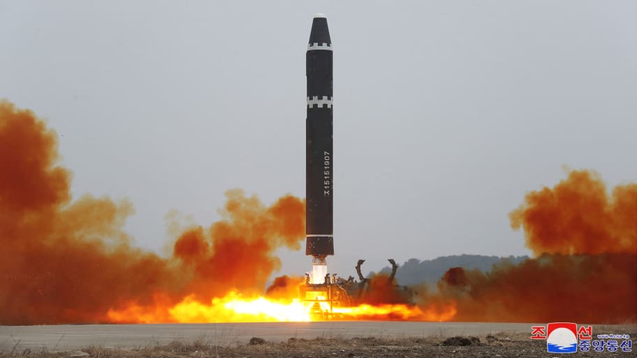 A Hwasong-15 intercontinental ballistic missile (ICBM) is launched at Pyongyang International Airport, in Pyongyang, North Korea February 18, 2023.