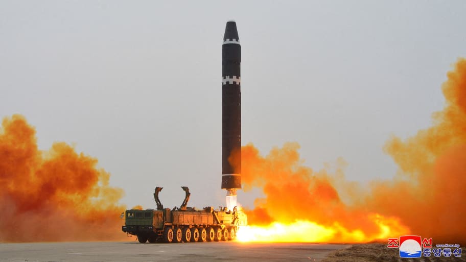 A Hwasong-15 intercontinental ballistic missile (ICBM) is launched at Pyongyang International Airport, in Pyongyang, North Korea February 18, 2023.