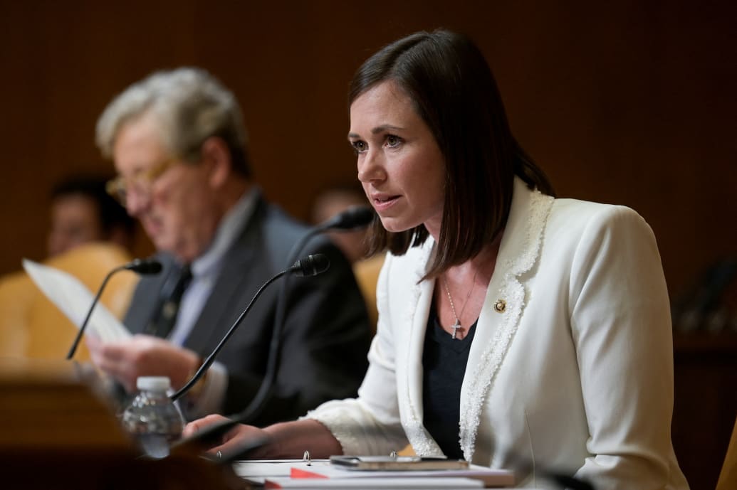 Senator Katie Britt (R-AL) speaks as FBI Director Christopher Wray and DEA Administrator Anne Milgram testify before a Senate Appropriations Commerce, Justice, Science, and Related Agencies Subcommittee hearing