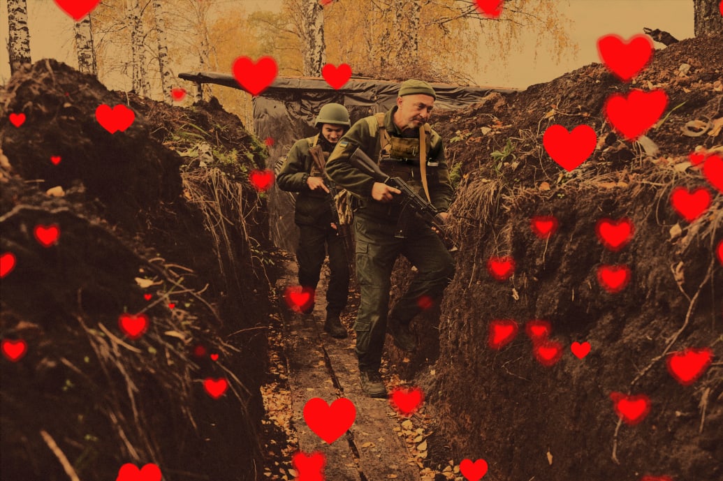 A photo illustration of Ukrainian soldiers in a trench near the northern liberated territories of Kharkiv in October 2022.