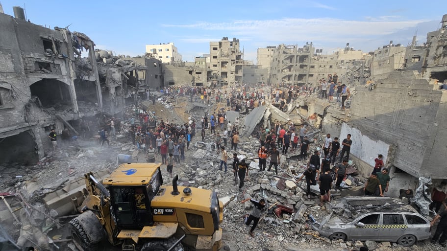 A view from the area after Israeli airstrikes on Jabalia refugee camp in northern Gaza, on October 31, 2023. 