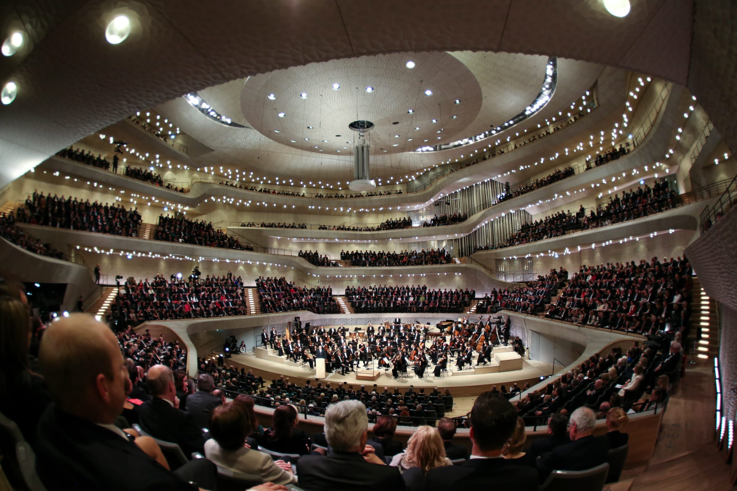 People attend the opening ceremony and concert of the Elbphilharmonie.