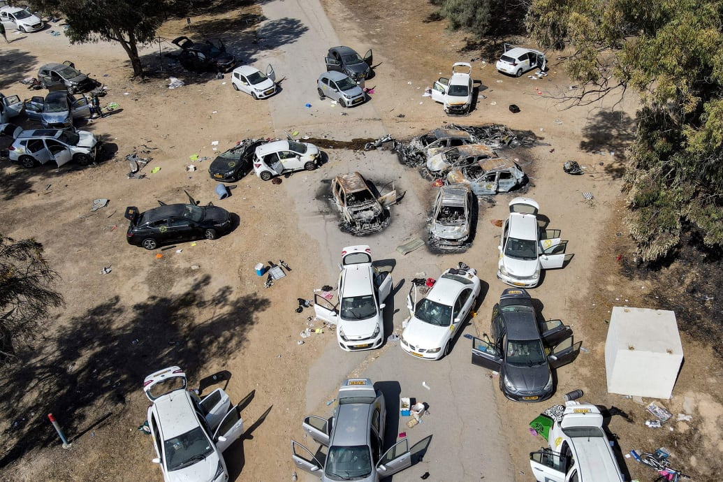 This aerial picture shows abandoned and torched vehicles at the site of the October 7 attack in Israel.