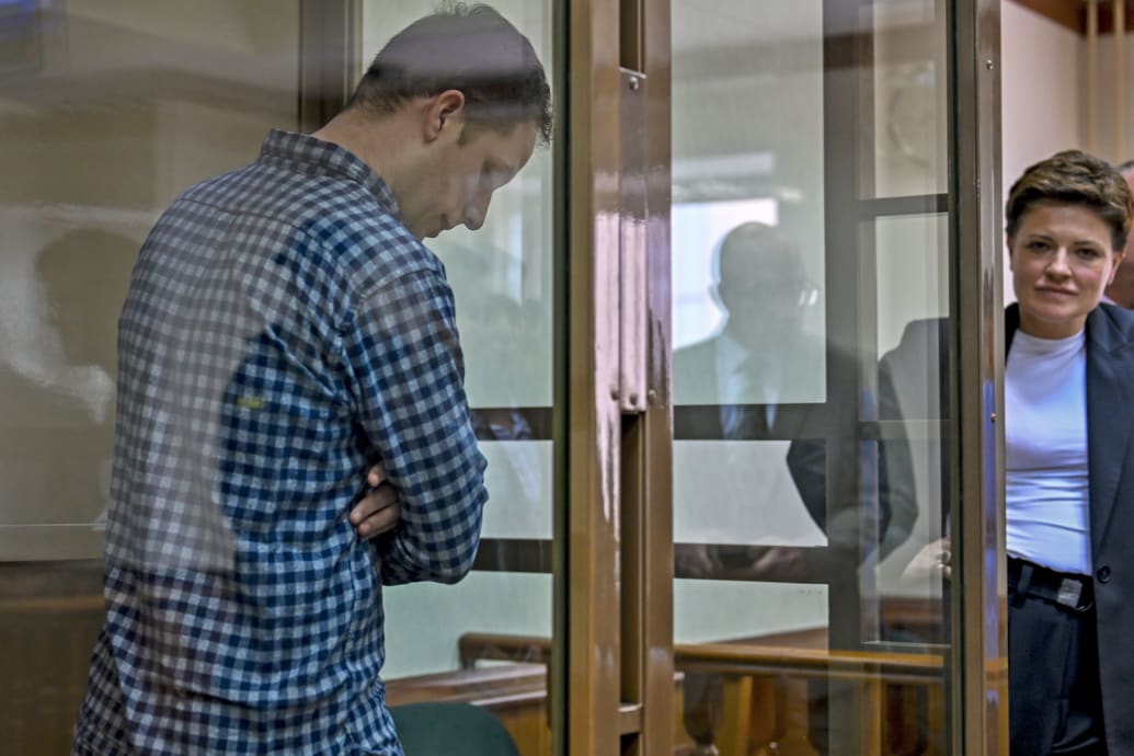 A photo of Evan Gershkovich in a Russian court