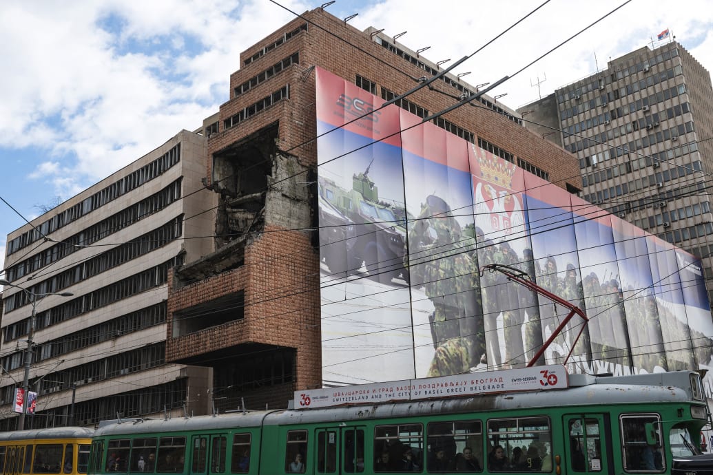 A photo of a bombed building in Belgrade