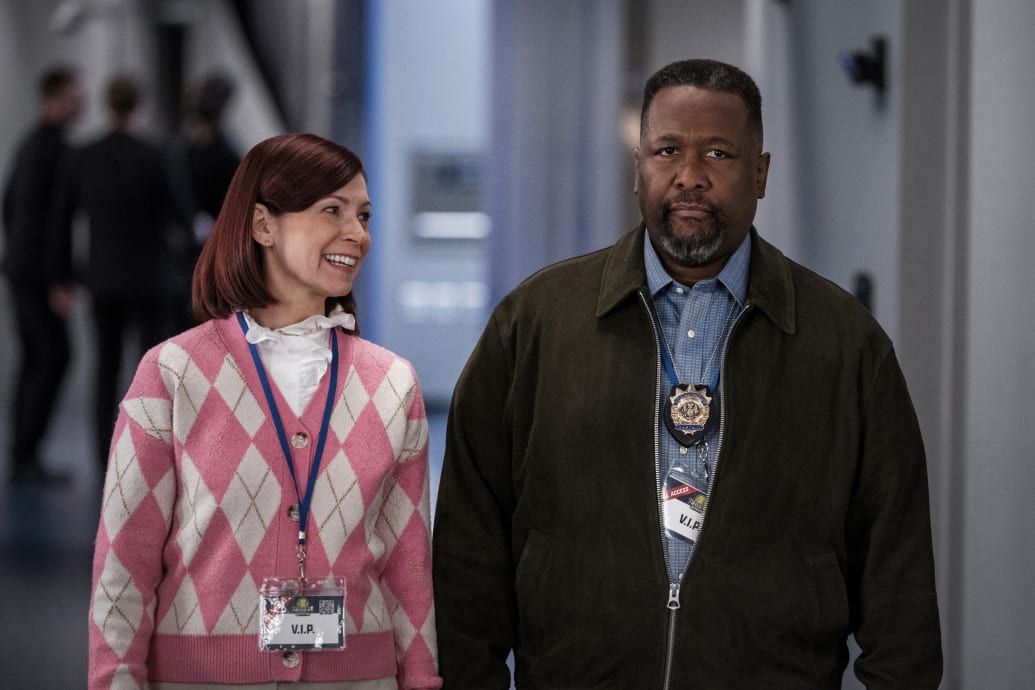 Carrie Preston and Wendell Pierce stand in a still from 'Elsbeth'