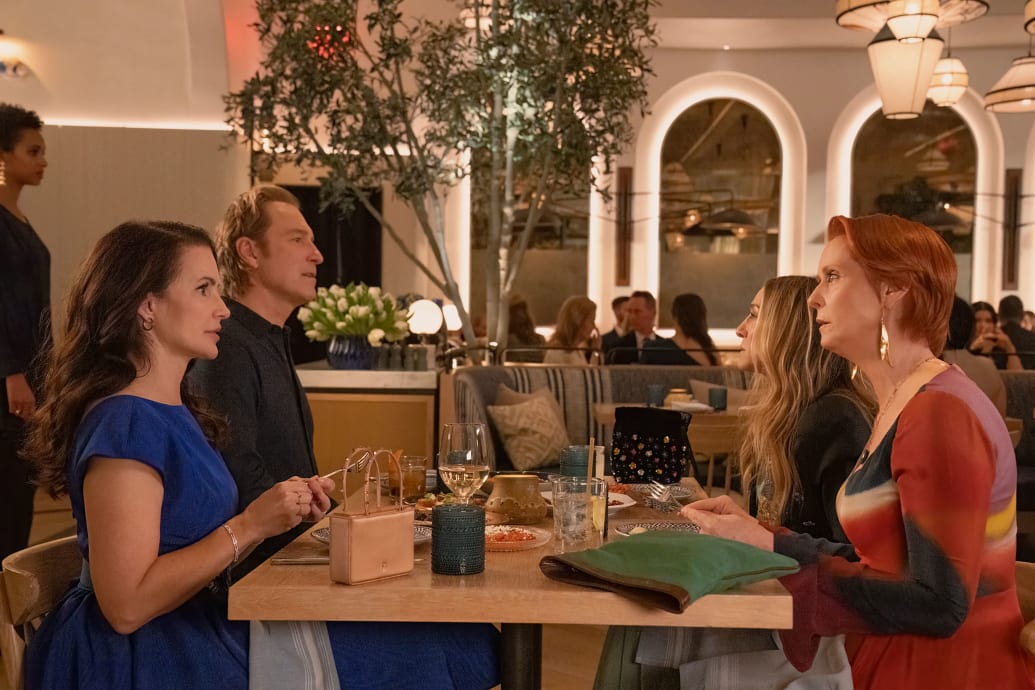 A picture of Kristin Davis, John Corbett, Sarah Jessica Parker, and Cynthia Nixon in 'And Just Like That'