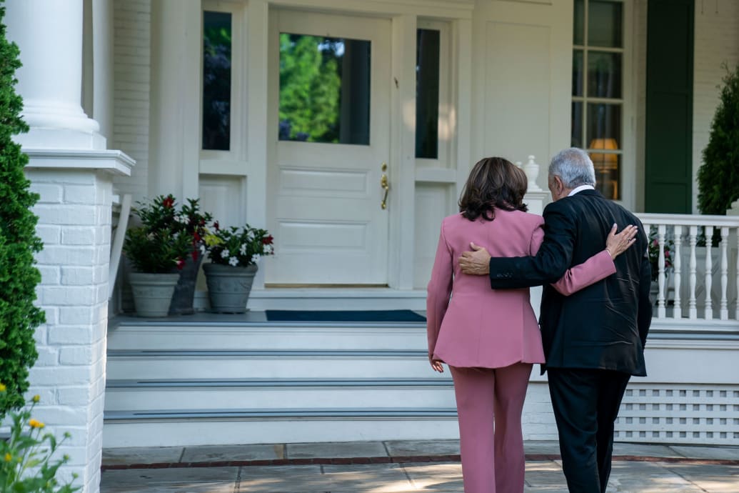 A picture of Vice President Kamala Harris speaks with Mexican President Andrés Manuel López Obrador outside the Vice Presidents residence at Naval Observatory.
