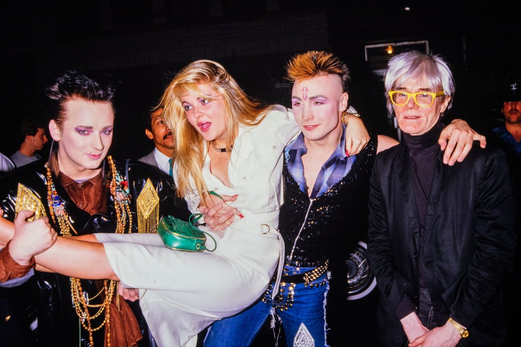 Boy George, Cornelia Guest, Marilyn and Andy Warhol during the Hall and Oates after-concert party on May 23rd 1985.