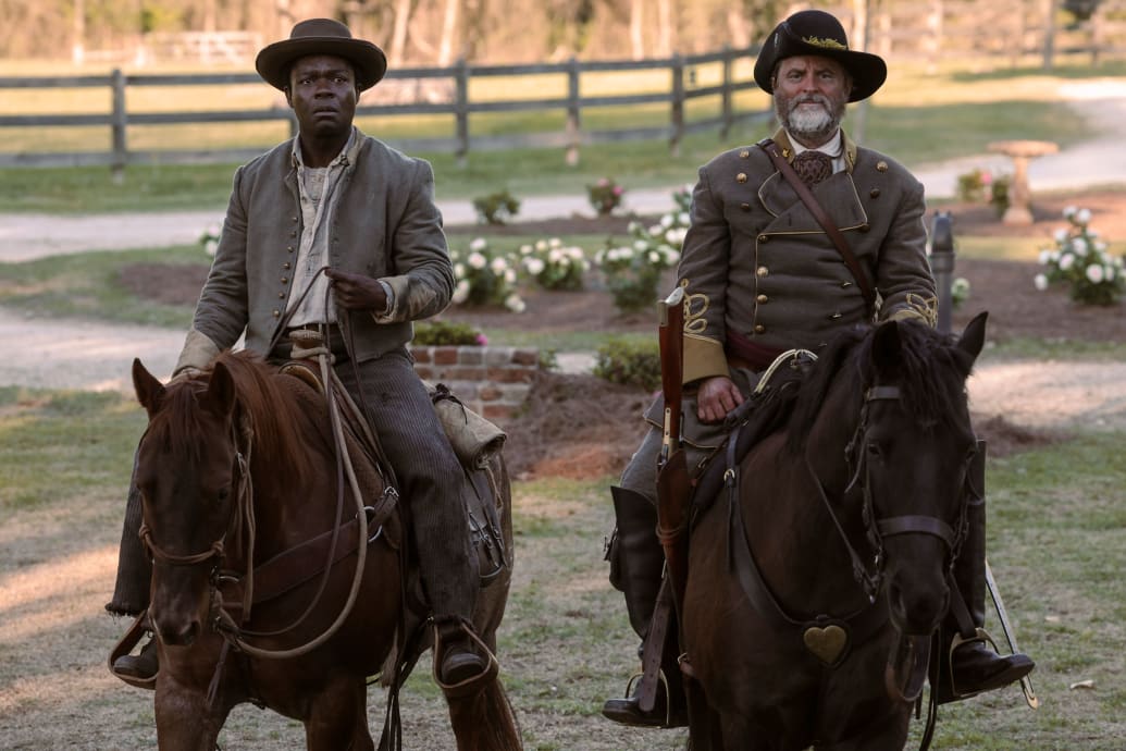 David Oyelowo as Bass Reeves and Shea Whigham as George Reeves on horses in Lawmen: Bass Reeves
