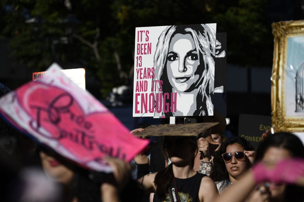 A mob of protestors hold signs that say 'Free Britney' in a protest outside of a courthosue. 