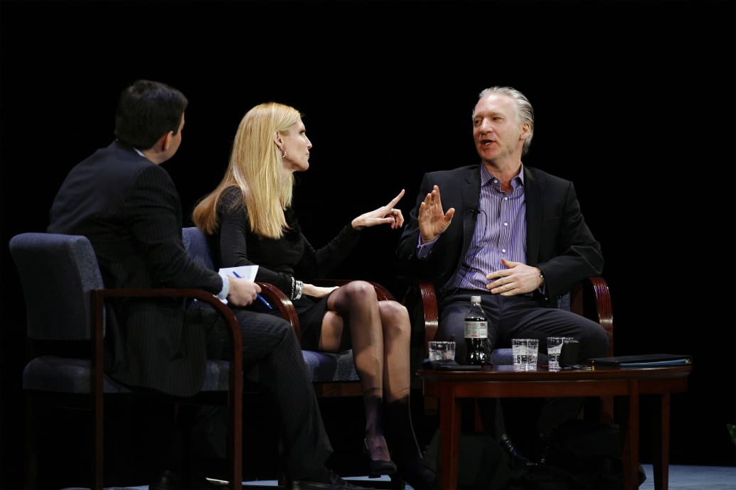 Ann Coulter and Bill Maher pointing at each other